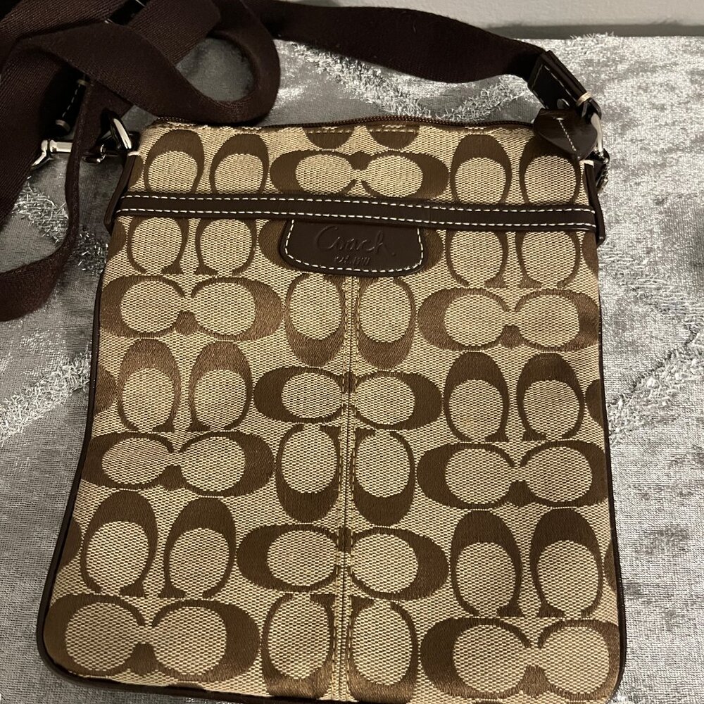 Coach Brown Tan Taupe Canvas CC Logo Crossbody Messenger Bag